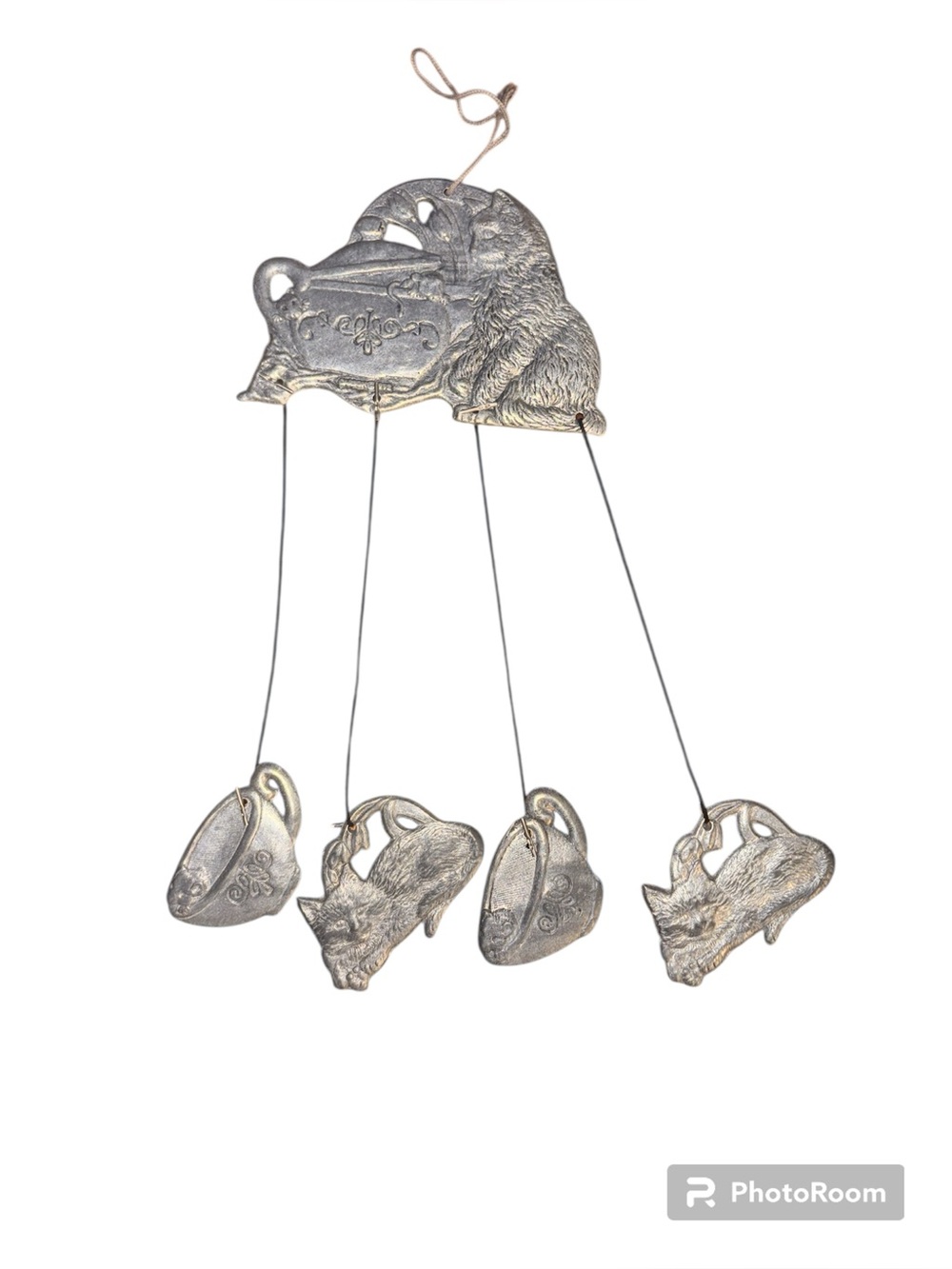 Carson 1992 Vintage Pewter Cat And Mouse Tea Cups Hanging Wind Chimes 17”